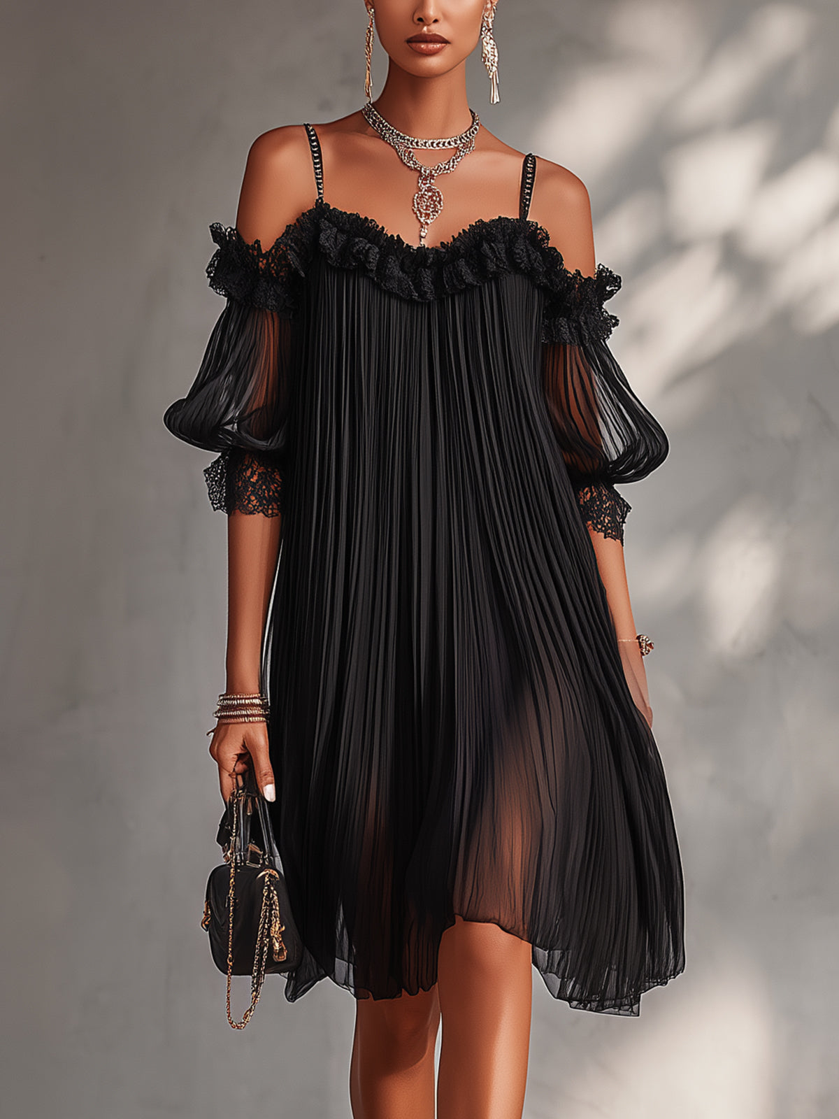 Vera – Vestido Negro Plisado con Encaje
