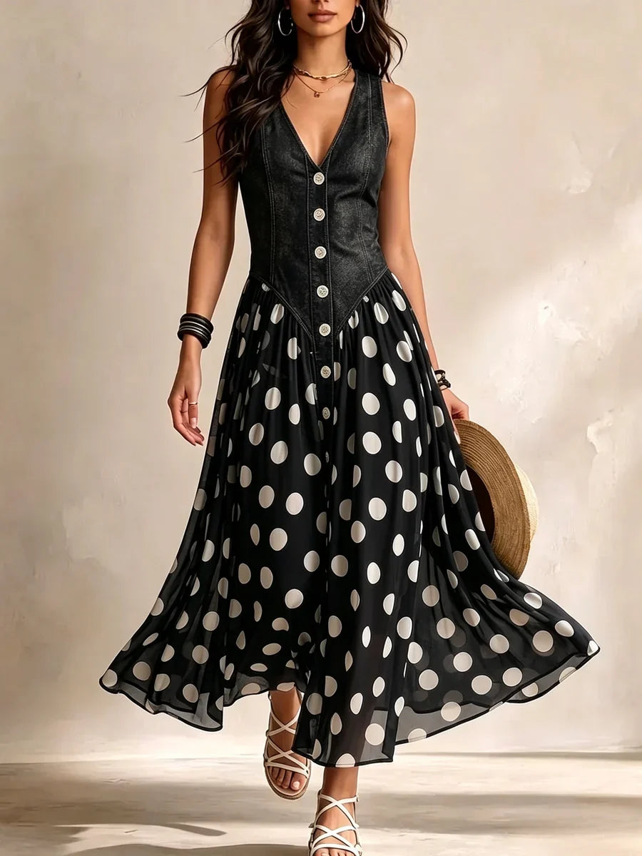 Alba – Vestido Largo con Efecto Denim y Lunares