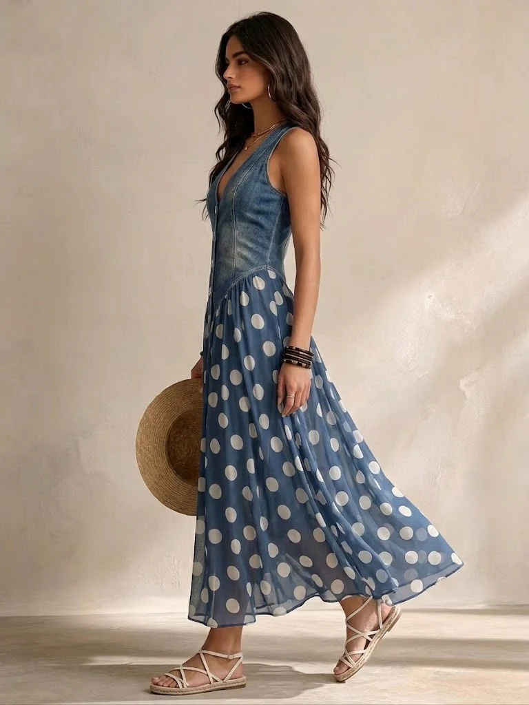 Alba – Vestido Largo con Efecto Denim y Lunares