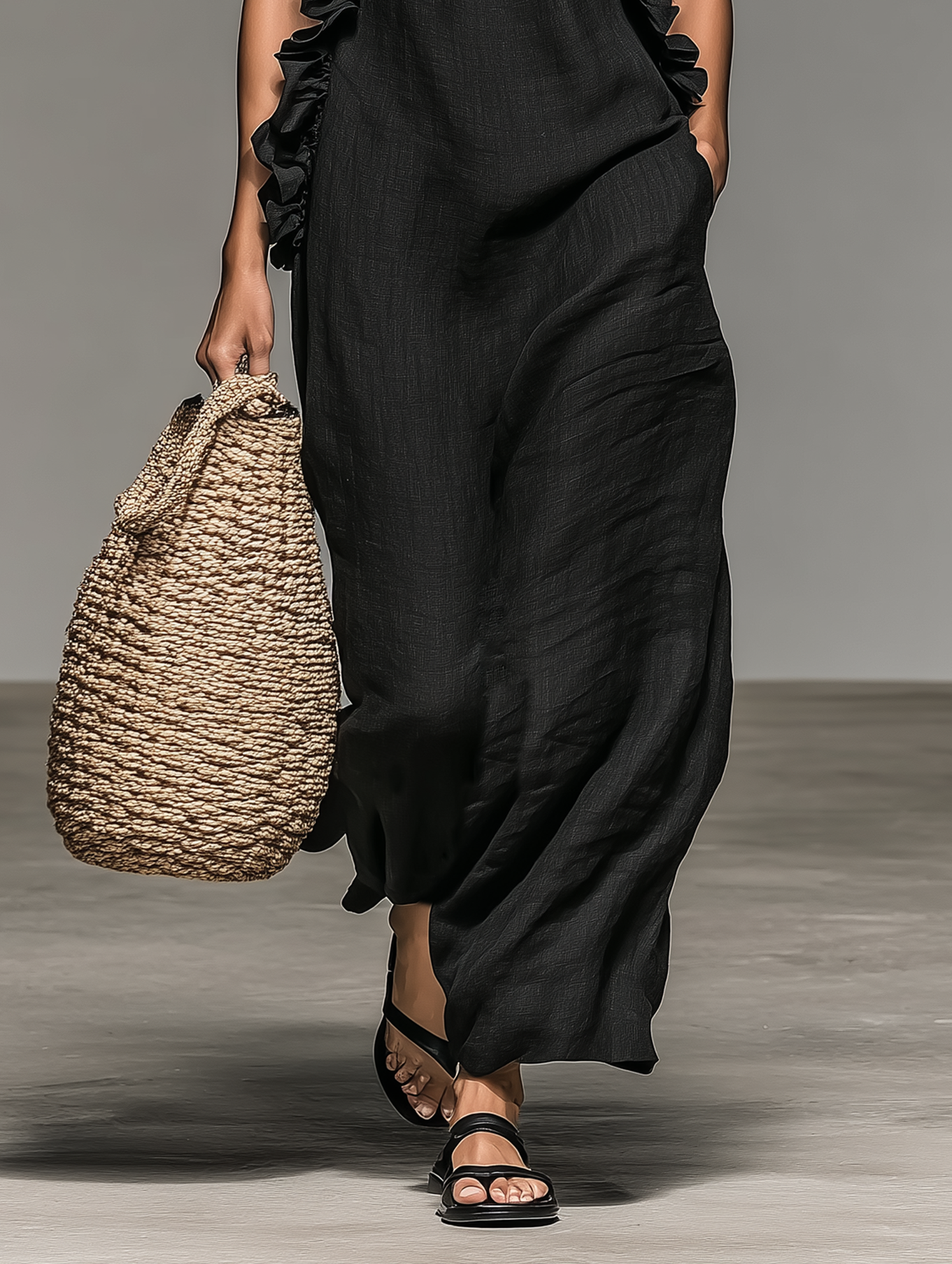 Nora – Vestido Maxi Negro con Volantes