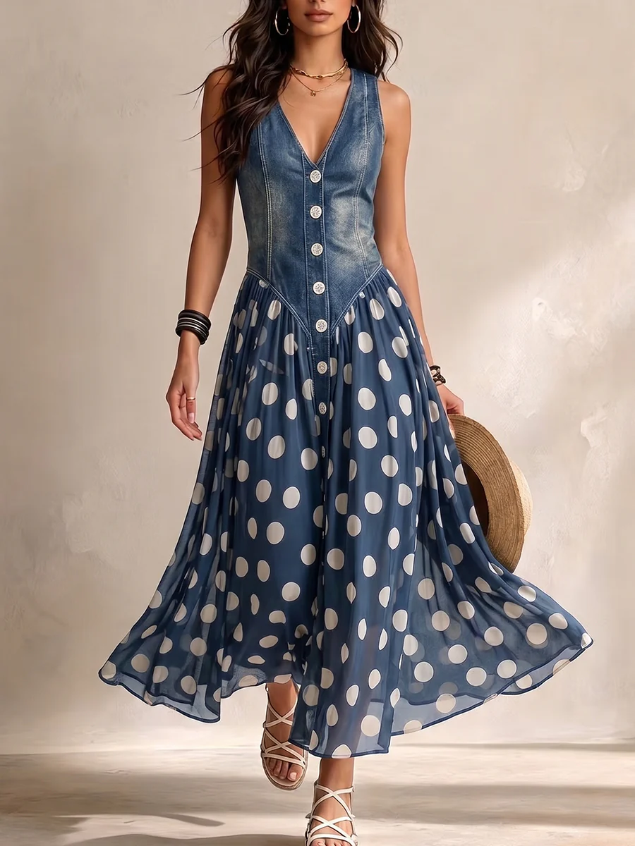 Alba – Vestido Largo con Efecto Denim y Lunares