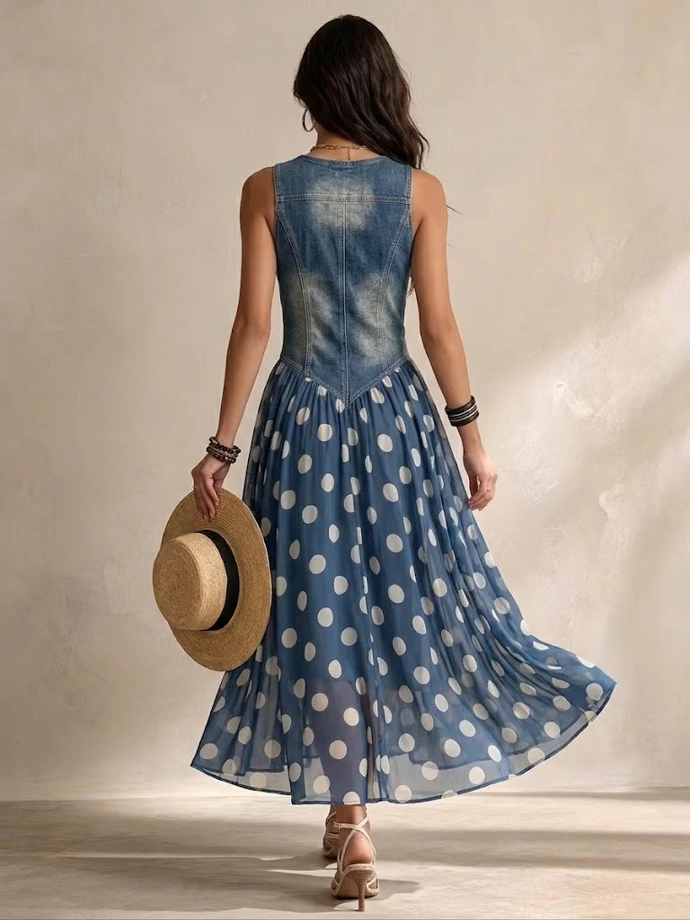 Alba – Vestido Largo con Efecto Denim y Lunares