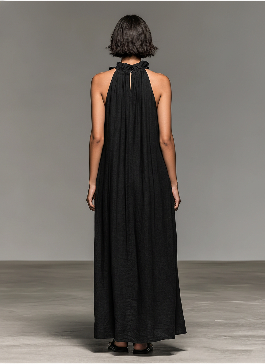 Nora – Vestido Maxi Negro con Volantes