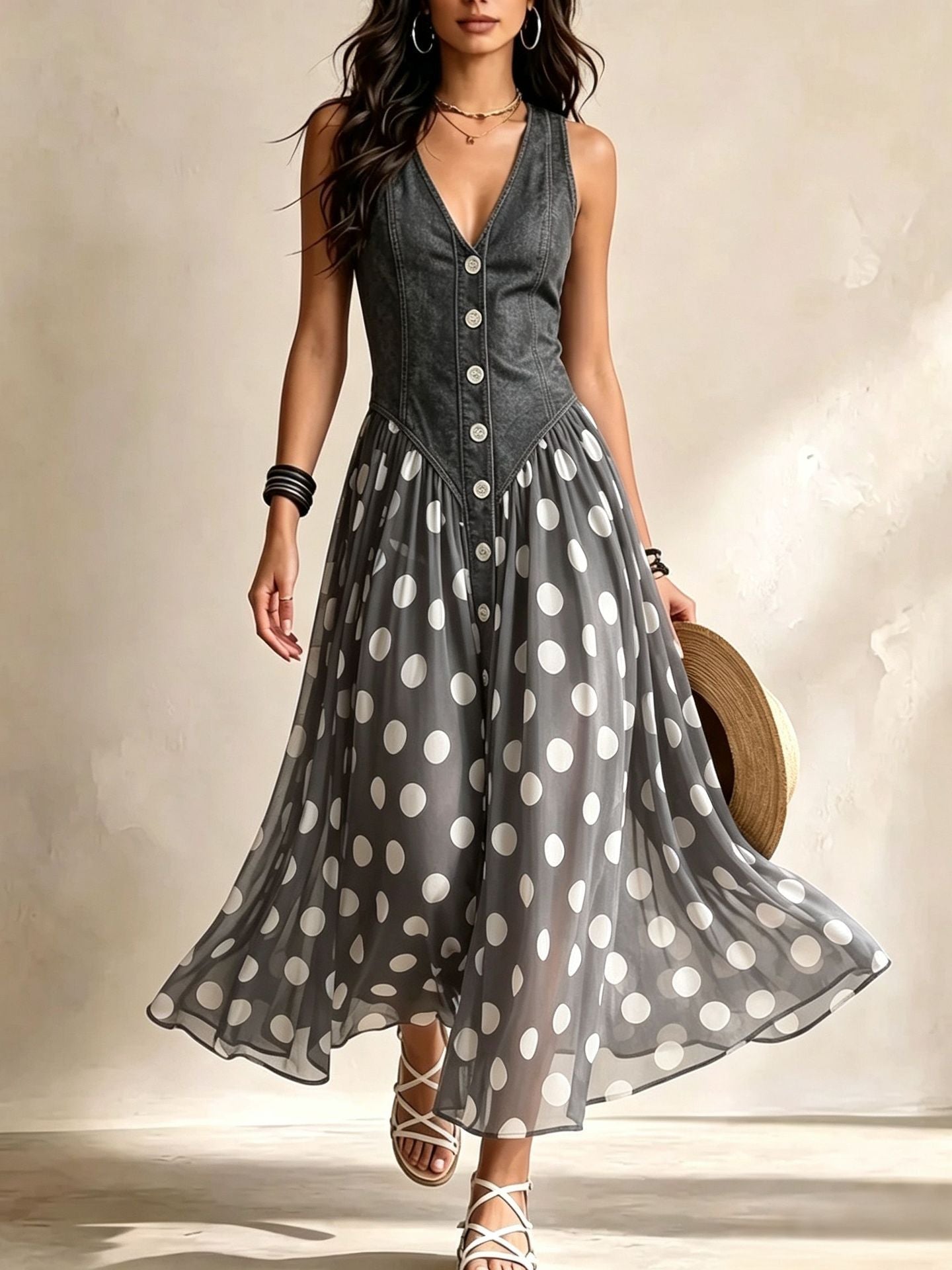 Alba – Vestido Largo con Efecto Denim y Lunares