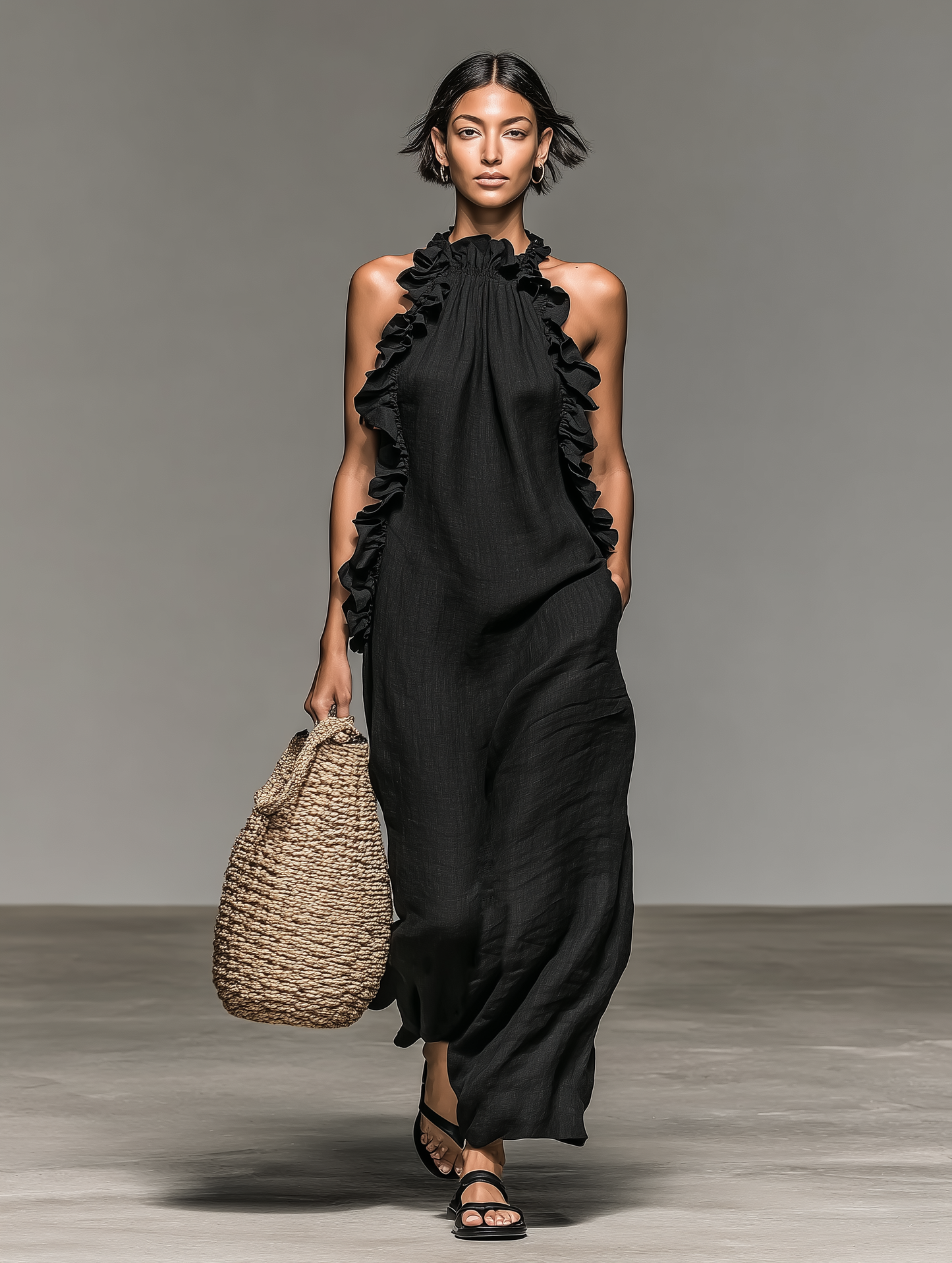 Nora – Vestido Maxi Negro con Volantes